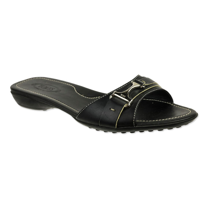 Tod's Black Leather Buckle Driver Slide Sandals