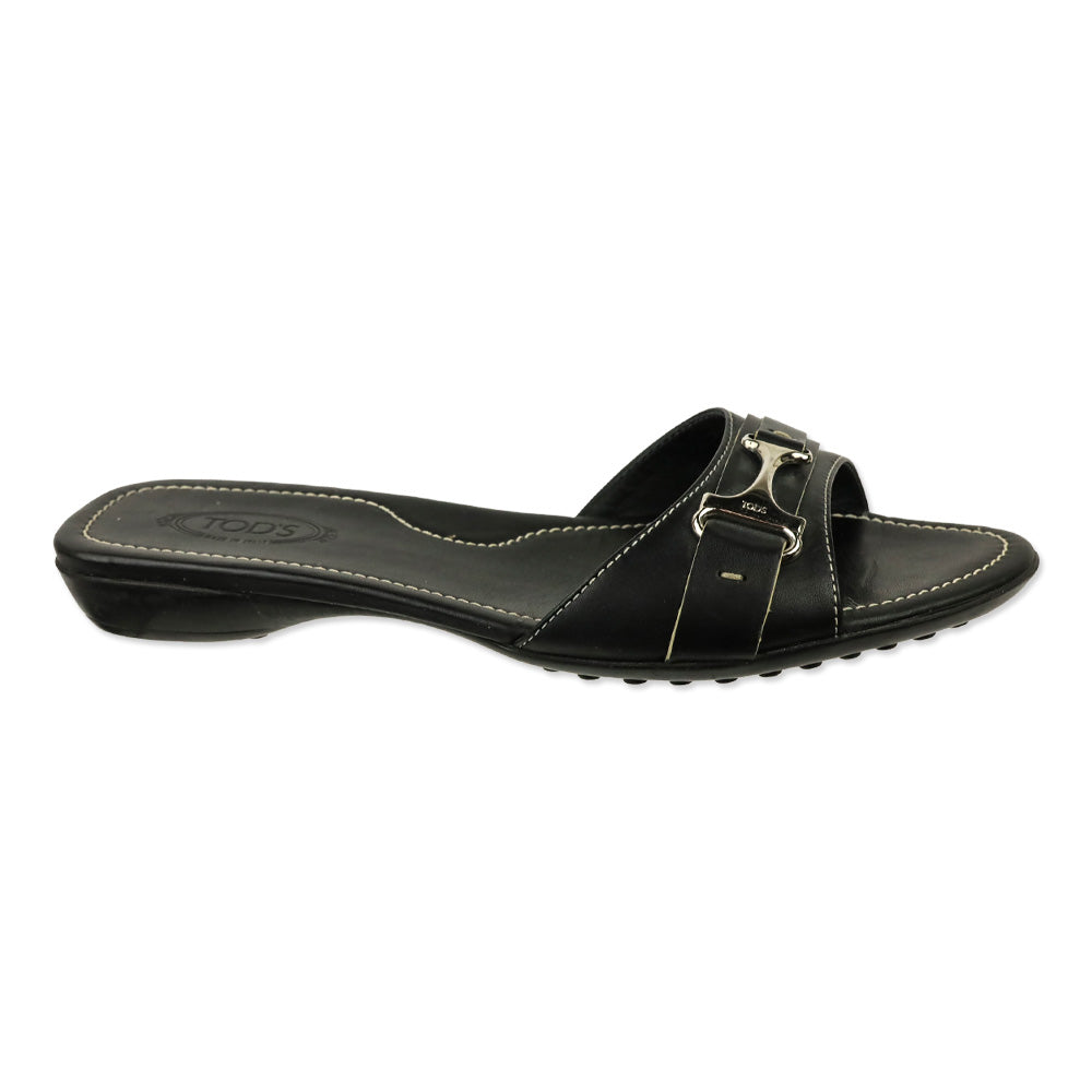 Tod's Black Leather Buckle Driver Slide Sandals