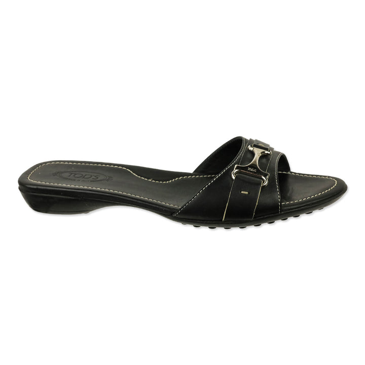 Tod's Black Leather Buckle Driver Slide Sandals