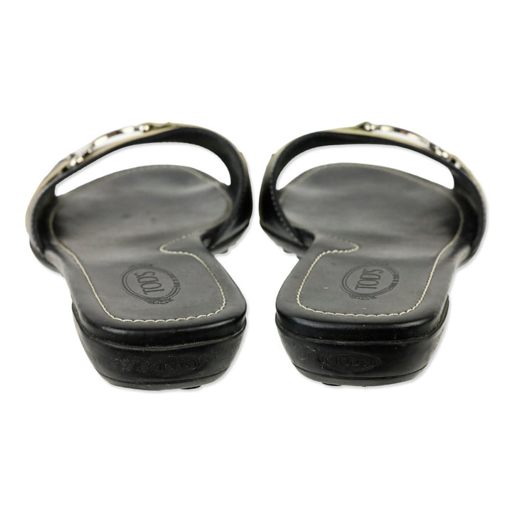 Tod's Black Leather Buckle Driver Slide Sandals