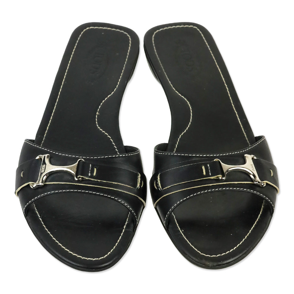 Tod's Black Leather Buckle Driver Slide Sandals