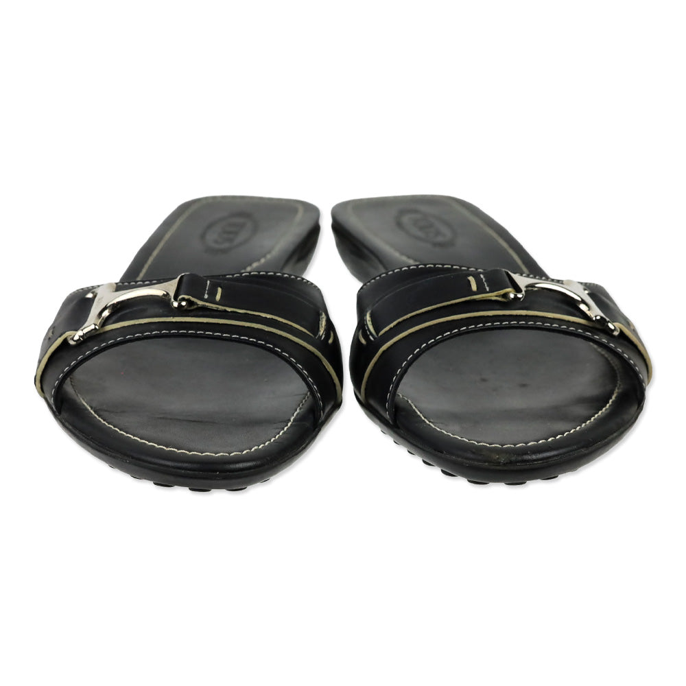 Tod's Black Leather Buckle Driver Slide Sandals