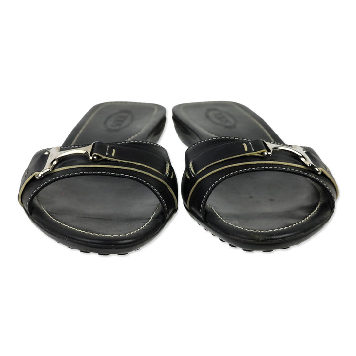 Tod's Black Leather Buckle Driver Slide Sandals