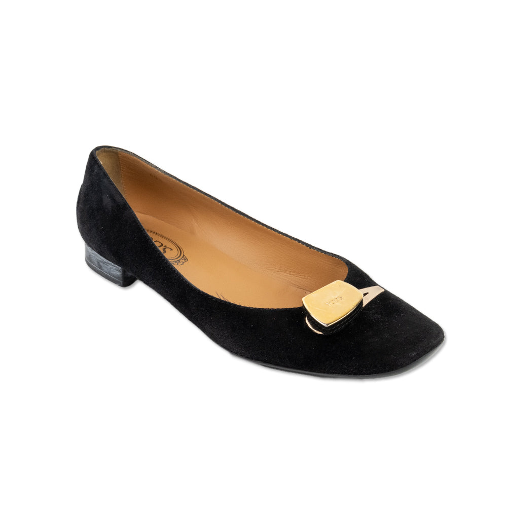 Tod's Black Suede Flats with Gold Logo Buckle