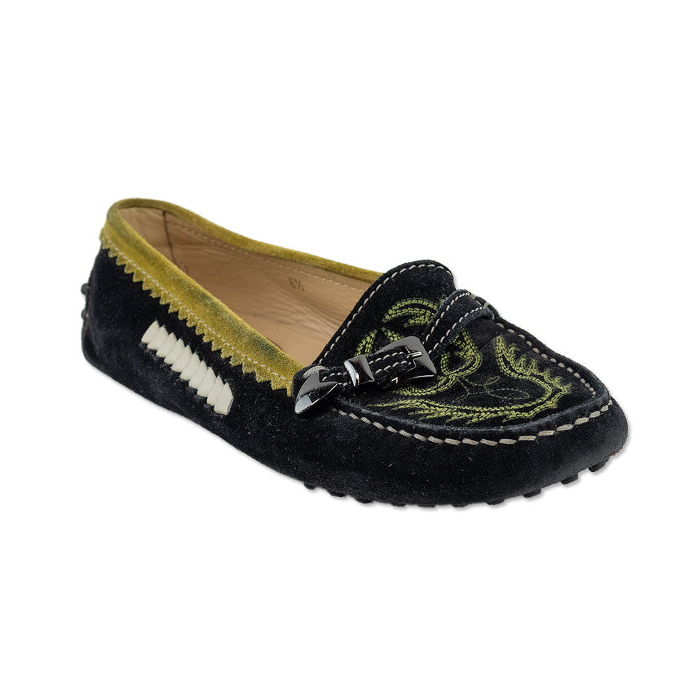 Tod's Black Suede Yellow Trim Embroidered Driver Loafers