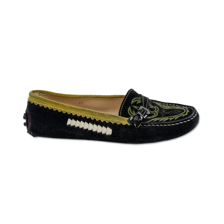 Tod's Black Suede Yellow Trim Embroidered Driver Loafers