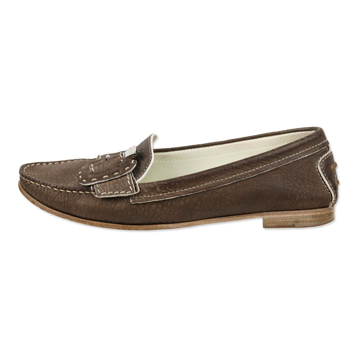 Tod's Brown Leather Loafers with Wrapped Buckle Accent