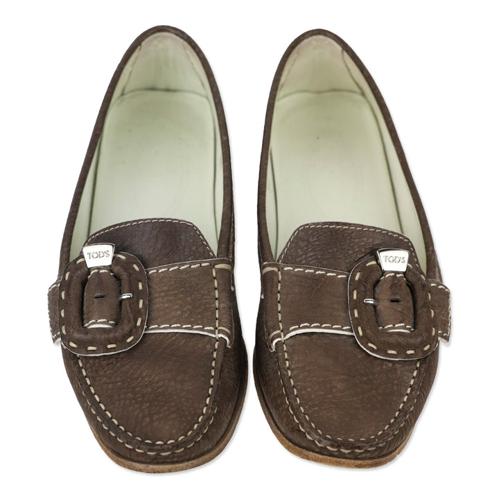 Tod's Brown Leather Loafers with Wrapped Buckle Accent
