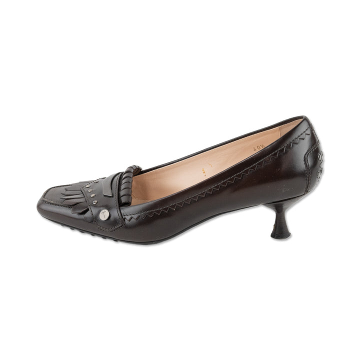 Tod's Brown Leather Square Toe Kitten Heels