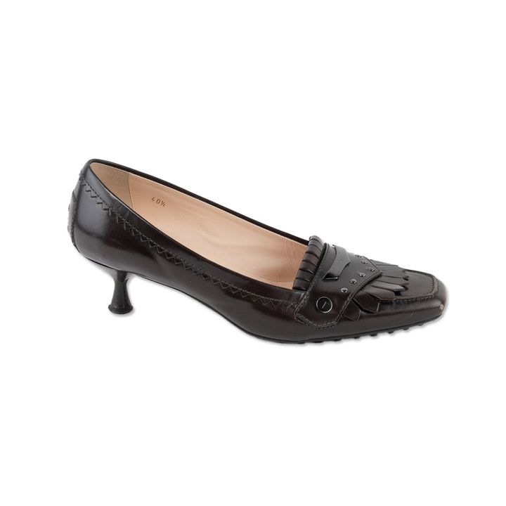 Tod's Brown Leather Square Toe Kitten Heels