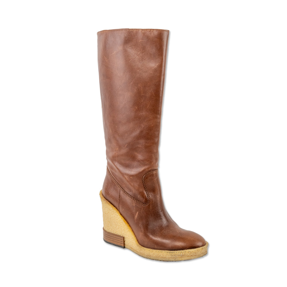 Tod's Brown Leather Wedge Below the Knee Boots