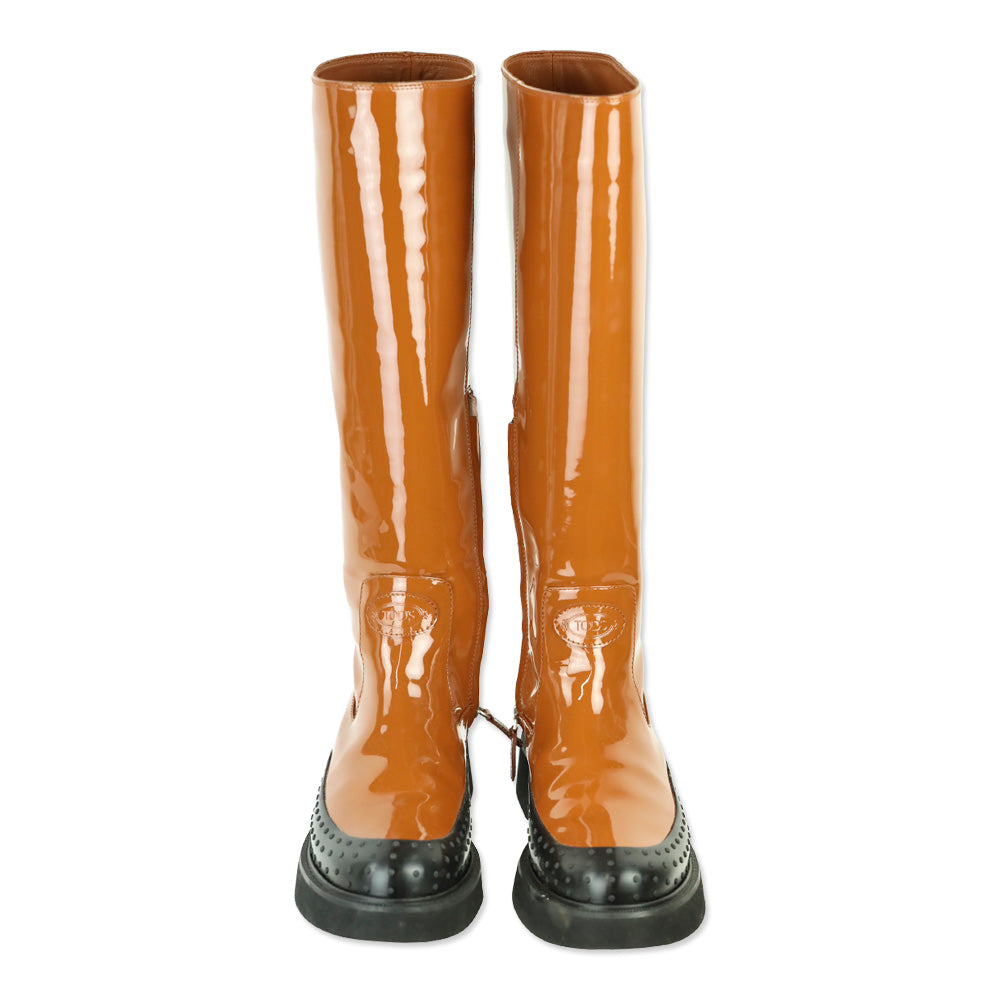 Tod's Cognac Brown Patent Leather Tall Knee-High Boot