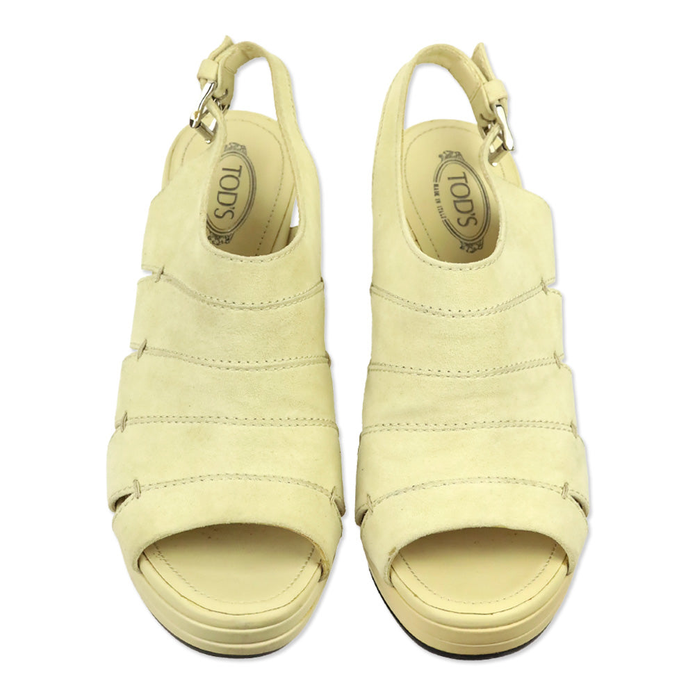 Tod's Ivory Suede Peep Toe Slingback Platform Sandal