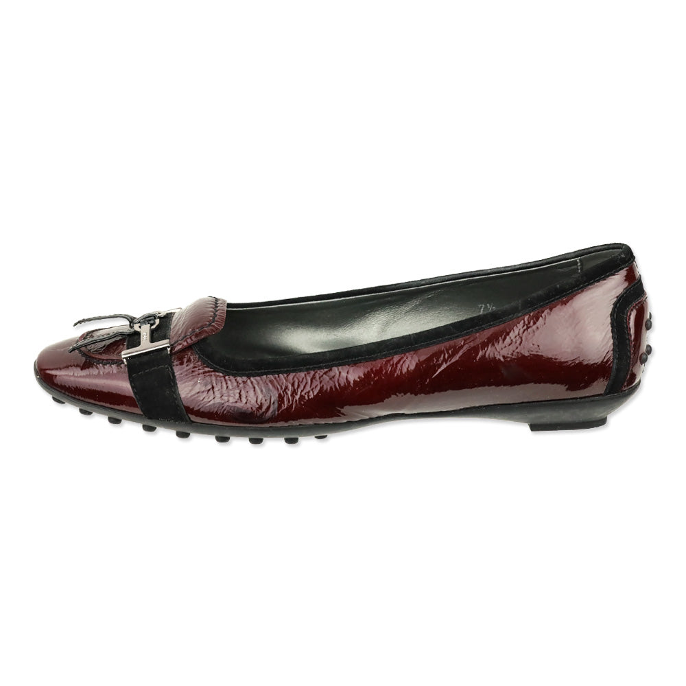 Tod's Maroon Red Crinkle Patent Leather Horsebit Bow Driving Loafer