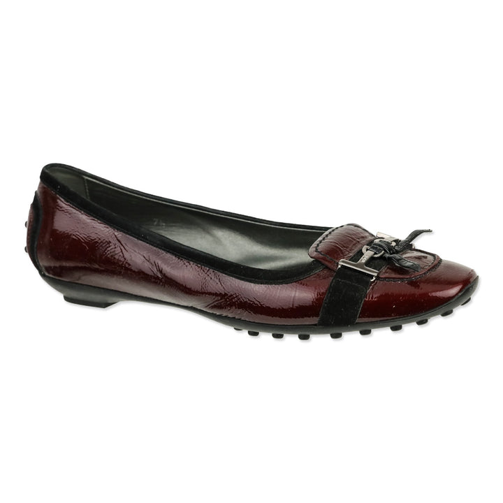 Tod's Maroon Red Crinkle Patent Leather Horsebit Bow Driving Loafer