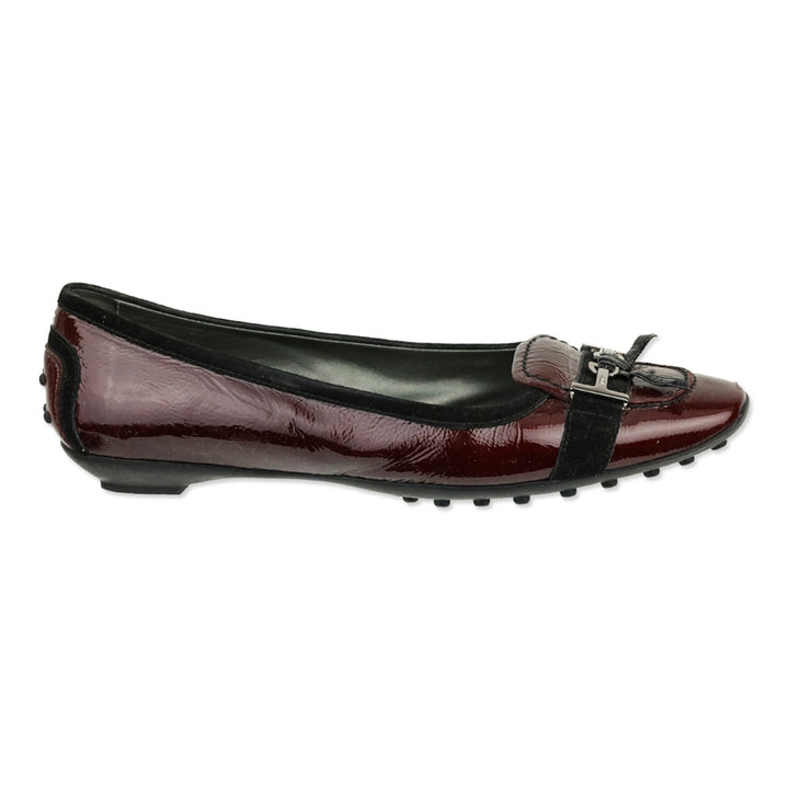 Tod's Maroon Red Crinkle Patent Leather Horsebit Bow Driving Loafer