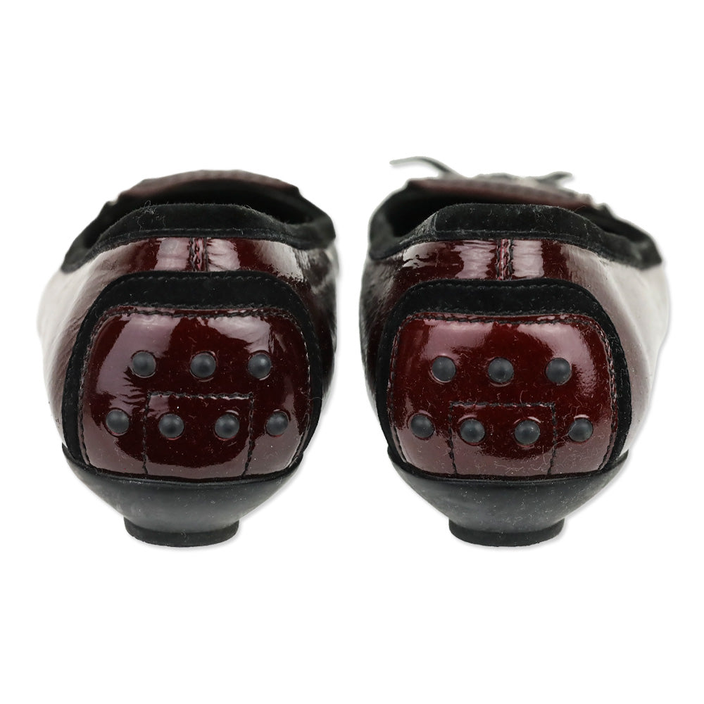Tod's Maroon Red Crinkle Patent Leather Horsebit Bow Driving Loafer