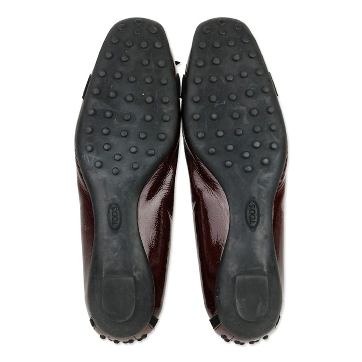 Tod's Maroon Red Crinkle Patent Leather Horsebit Bow Driving Loafer