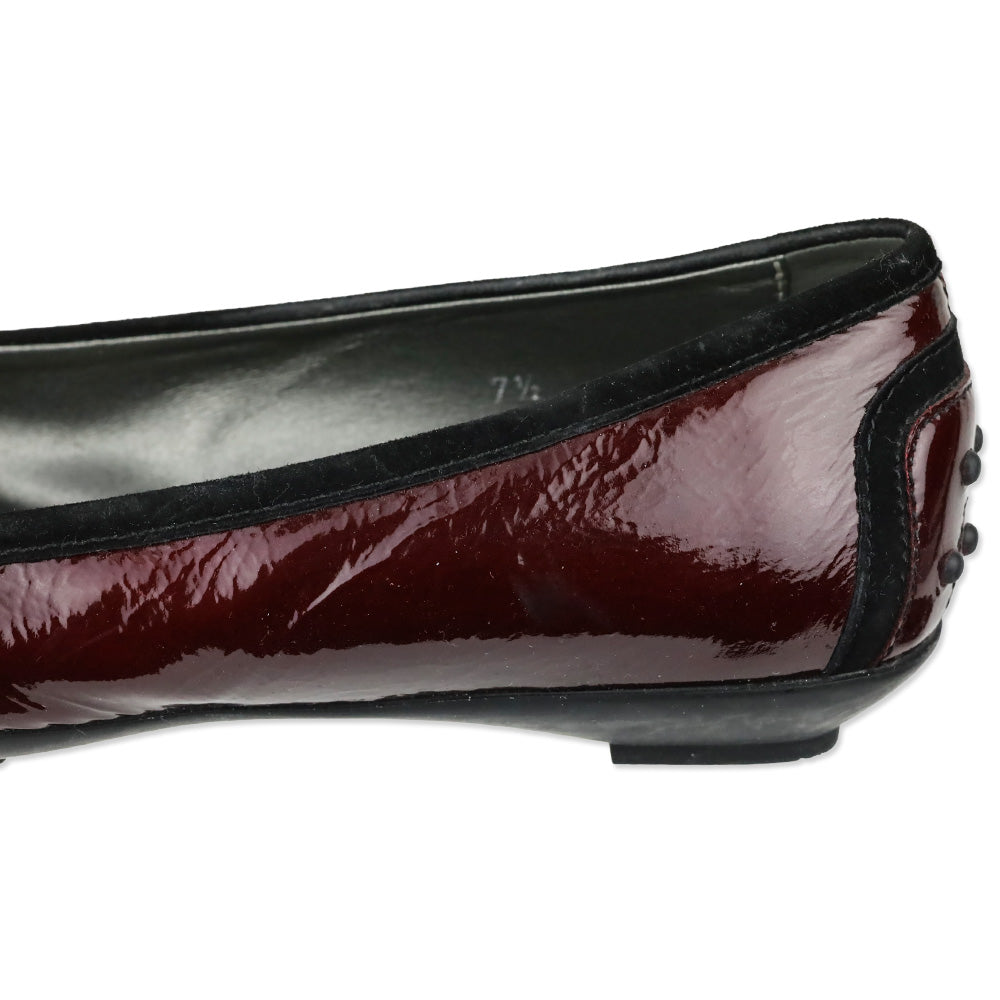 Tod's Maroon Red Crinkle Patent Leather Horsebit Bow Driving Loafer