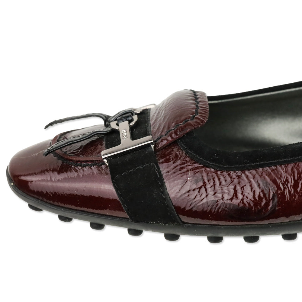 Tod's Maroon Red Crinkle Patent Leather Horsebit Bow Driving Loafer