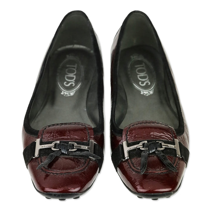 Tod's Maroon Red Crinkle Patent Leather Horsebit Bow Driving Loafer