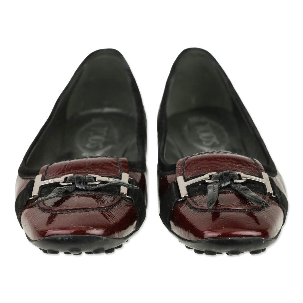 Tod's Maroon Red Crinkle Patent Leather Horsebit Bow Driving Loafer