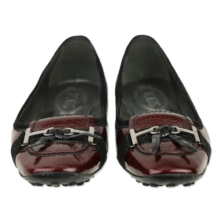 Tod's Maroon Red Crinkle Patent Leather Horsebit Bow Driving Loafer