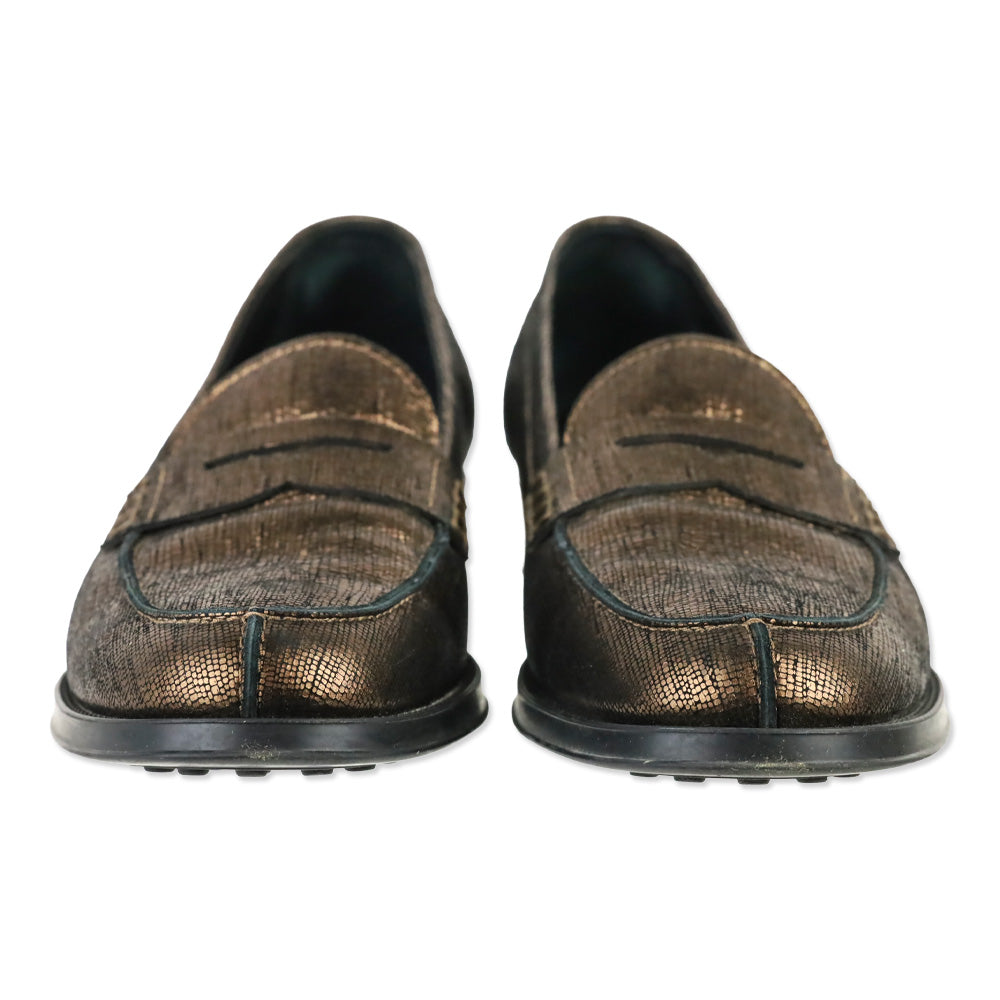 Tod's Metallic Copper Lizard Embossed Suede Penny Loafer