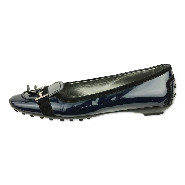 Tod's Navy Blue Crinkle Patent Leather Horsebit Bow Driving Loafer