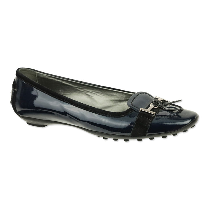 Tod's Navy Blue Crinkle Patent Leather Horsebit Bow Driving Loafer