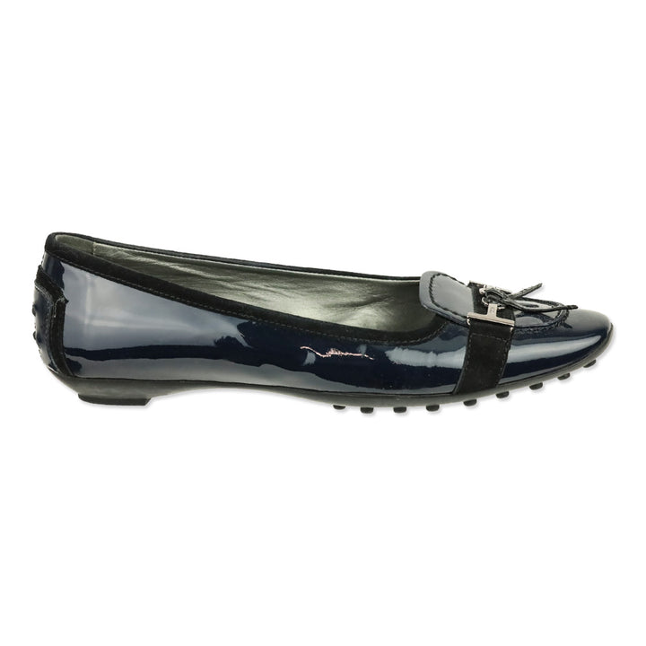 Tod's Navy Blue Crinkle Patent Leather Horsebit Bow Driving Loafer