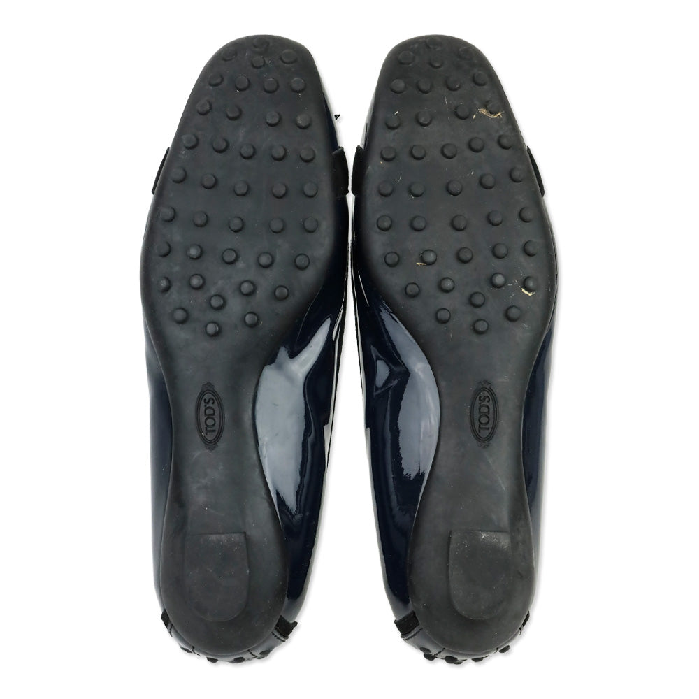 Tod's Navy Blue Crinkle Patent Leather Horsebit Bow Driving Loafer