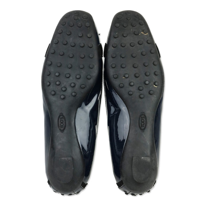 Tod's Navy Blue Crinkle Patent Leather Horsebit Bow Driving Loafer