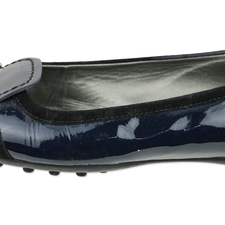 Tod's Navy Blue Crinkle Patent Leather Horsebit Bow Driving Loafer
