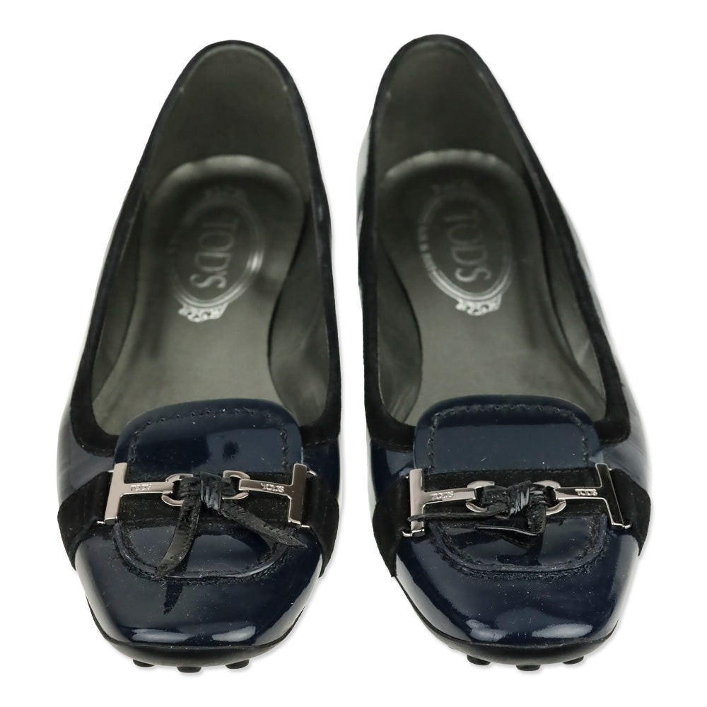 Tod's Navy Blue Crinkle Patent Leather Horsebit Bow Driving Loafer