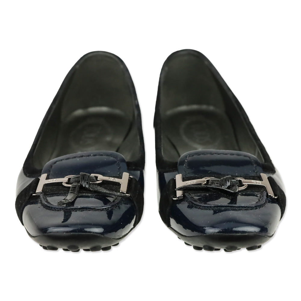 Tod's Navy Blue Crinkle Patent Leather Horsebit Bow Driving Loafer