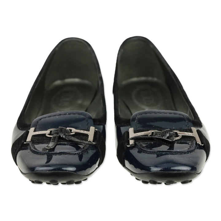 Tod's Navy Blue Crinkle Patent Leather Horsebit Bow Driving Loafer