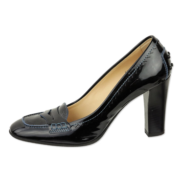 Tod's Navy Blue Patent Leather Gomma Penny Loafer Pumps