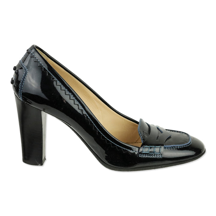 Tod's Navy Blue Patent Leather Gomma Penny Loafer Pumps
