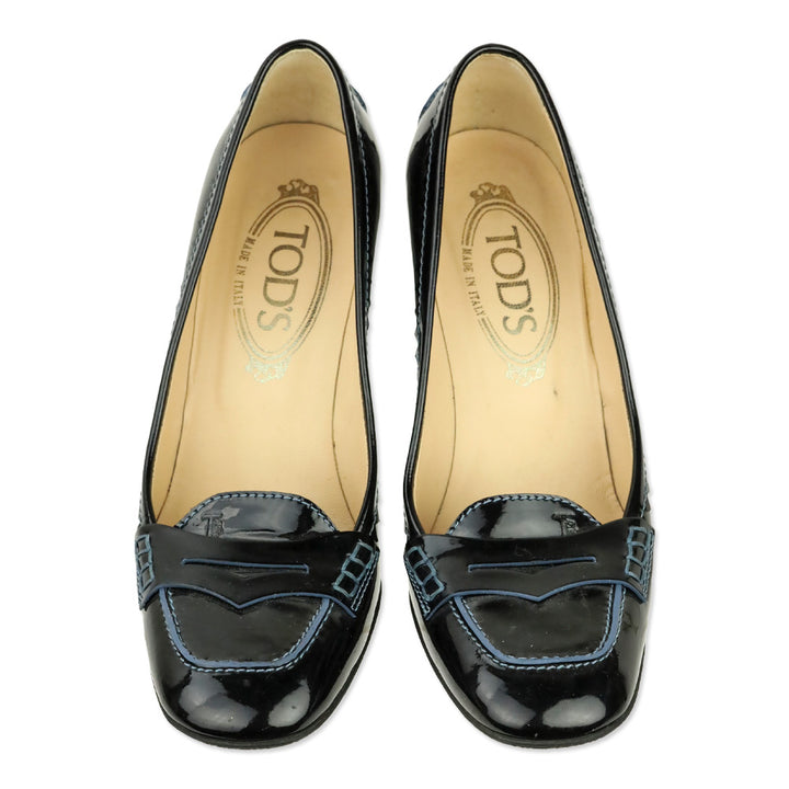 Tod's Navy Blue Patent Leather Gomma Penny Loafer Pumps