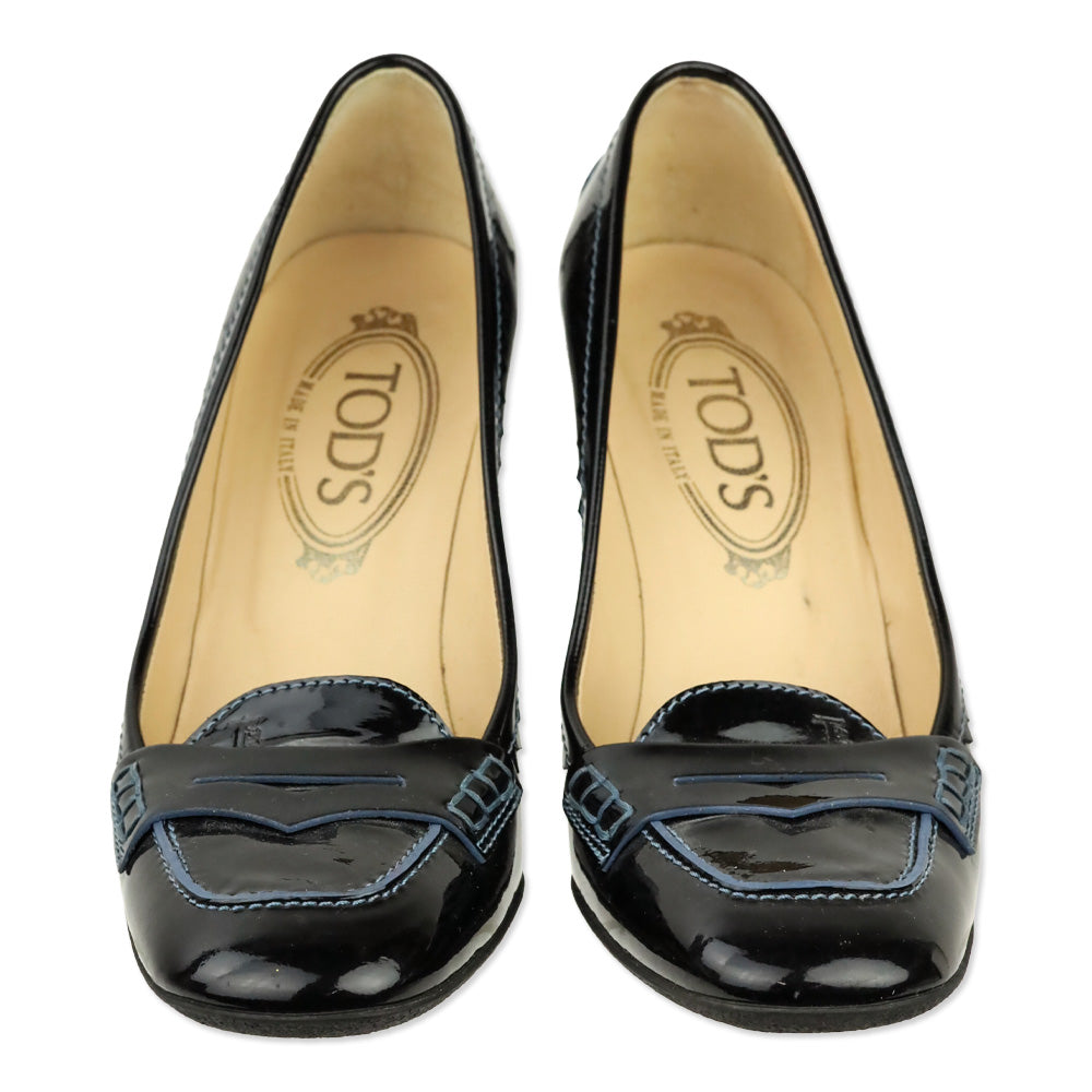 Tod's Navy Blue Patent Leather Gomma Penny Loafer Pumps