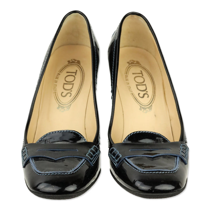 Tod's Navy Blue Patent Leather Gomma Penny Loafer Pumps