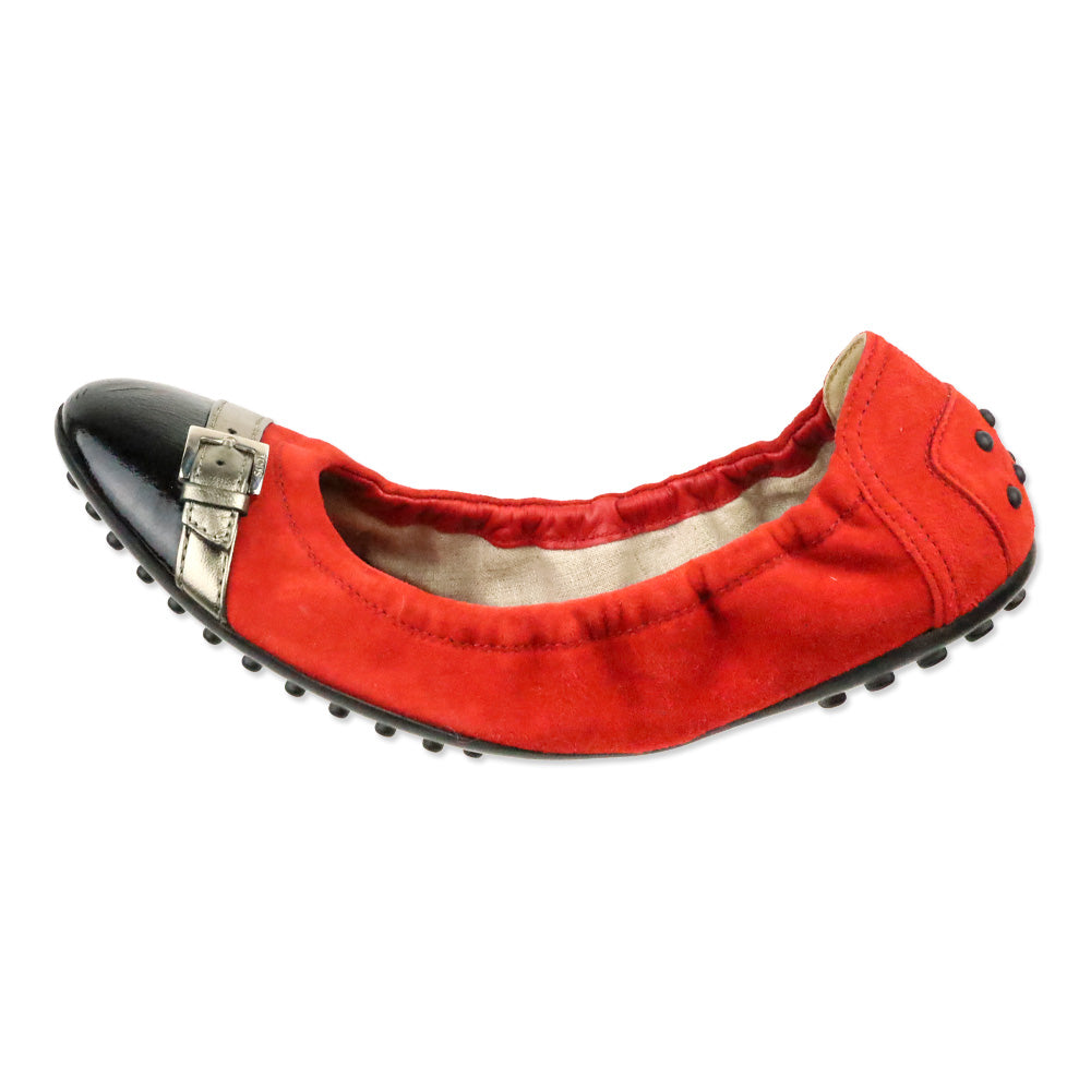 Tod's Red Suede and Black Patent Cap-Toe Buckle Elasticized Ballet Flats
