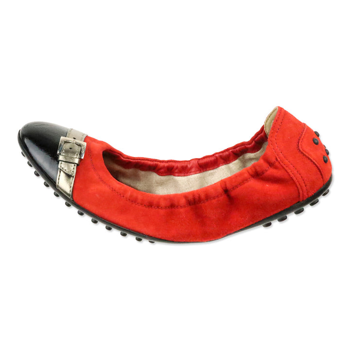 Tod's Red Suede and Black Patent Cap-Toe Buckle Elasticized Ballet Flats