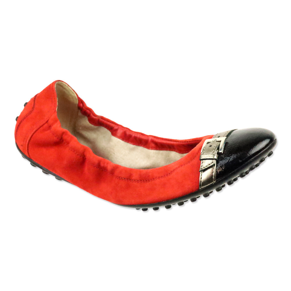Tod's Red Suede and Black Patent Cap-Toe Buckle Elasticized Ballet Flats