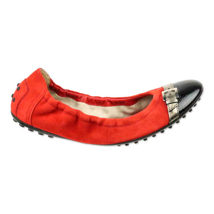 Tod's Red Suede and Black Patent Cap-Toe Buckle Elasticized Ballet Flats