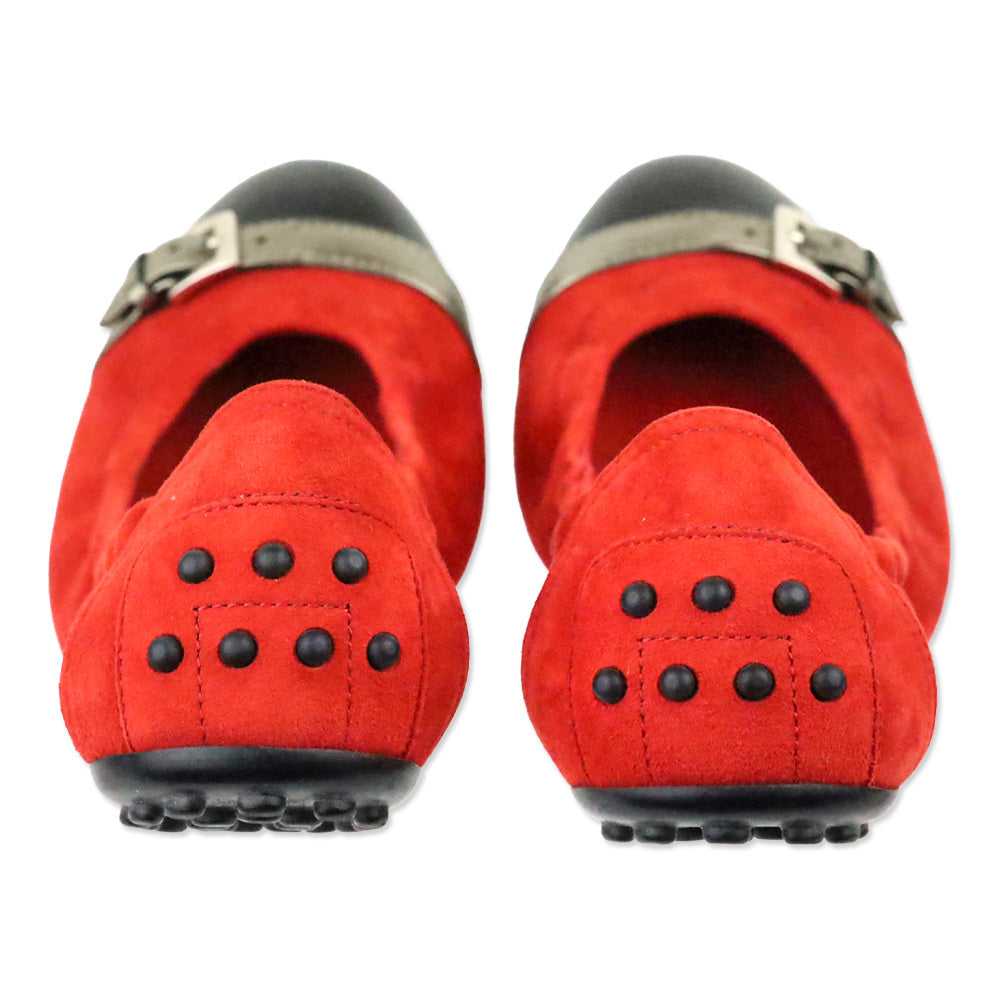 Tod's Red Suede and Black Patent Cap-Toe Buckle Elasticized Ballet Flats