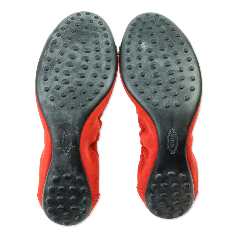 Tod's Red Suede and Black Patent Cap-Toe Buckle Elasticized Ballet Flats