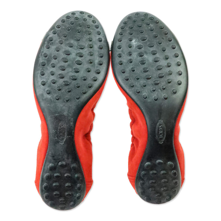 Tod's Red Suede and Black Patent Cap-Toe Buckle Elasticized Ballet Flats