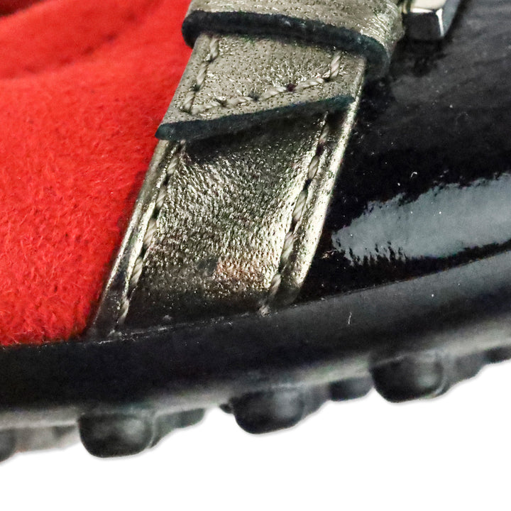 Tod's Red Suede and Black Patent Cap-Toe Buckle Elasticized Ballet Flats